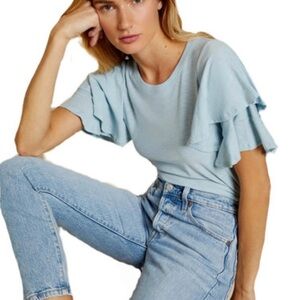 Nation LTD Womens Etta Ruffle Sleeve Tee Sz XS Sea Foam Green Pima Cotton